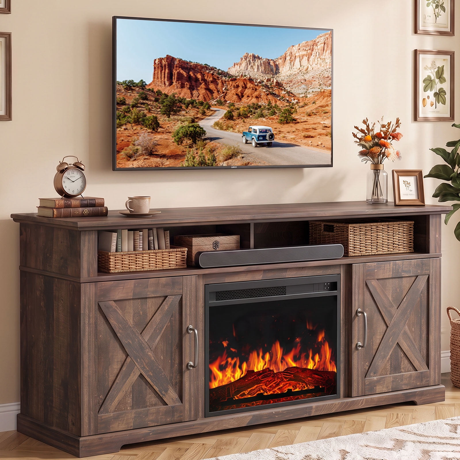 Electric Fireplace TV Stand for TVs up to 75", Farmhouse Entertainment Center with Fireplace