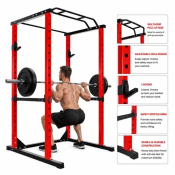 QUHEE 1200 lbs Capacity Squat Rack, Red Multi-Functional Power Rack, 14-Hole Adjustable Workout Equipment With Safety Arms and J-Hooks for Home Gym