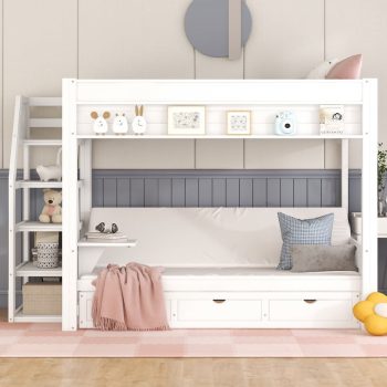 Futon Bunk Beds with Stairs, Wood Full Over Full Bunk Bed with Storage Drawers and Shelf, Multi-Functional Convertible Bunk Beds Bottom Bed can be Converted into Daybed