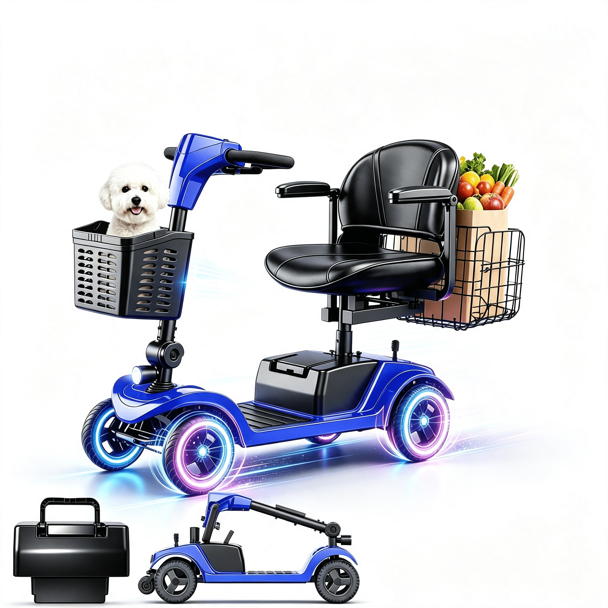 12Ah 15 Miles Electric Senior Mobility Scooter, 300W Motor 300lbs Capacity Travel Scooter with Dual Baskets, blue