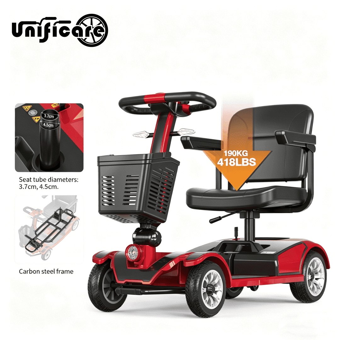 Unificare 4 Wheel Electric Mobility Scooter, Red Foldable Design, 20Ah Large Battery With Adjustable Seat For Elderly Users
