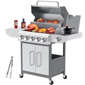 Frizi 68,000 BTU 5-Burner Propane Gas Grill with Side Burner, Stainless Steel Outdoor BBQ Grill with 647 sq.in Cooking Area, Warming Rack, and Food Clip