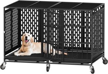 Snuowu 48Inch Heavy Duty Dog Crate with Wheels, Metal Big Dog Cage for Large and Medium Dogs, Extra Large XL XXL Indestructible Dog Crate with Removable Tray.