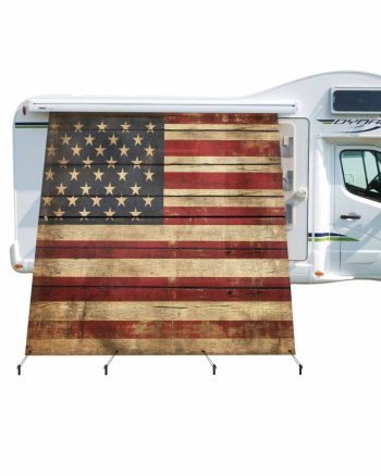 4th of July RV Awning Sun Shade Screen 9'X7' USA Flag Mesh Sunscreen Vintage Wood Grain Stripes Awning Shade Screen with Zipper UV Blocker Completed Kits for RV Motorhome Camper Travel