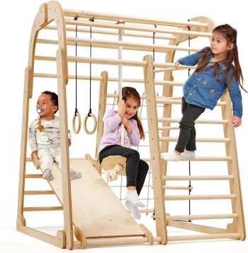 Wooden Kids Climbing Frame Indoor – Montessori Playground with Slide, Climbing Wall & Rope Ladder – Enhanced Montessori Gym for Children Ages 3 to 8