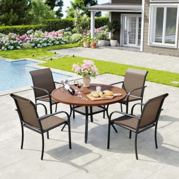 Vicllax 5-Piece Outdoor Patio Dining Set, 41" Round Table with Umbrella hole and 4 Patio Chairs, Walnut&Brown