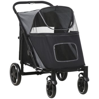 One-Click Foldable Doggy Stroller for Medium Large Dogs, Pet Stroller with Storage, Smooth Ride with Shock Absorption, Mesh Window, Safety Leash, Big Dog Walking Stroller, Gray