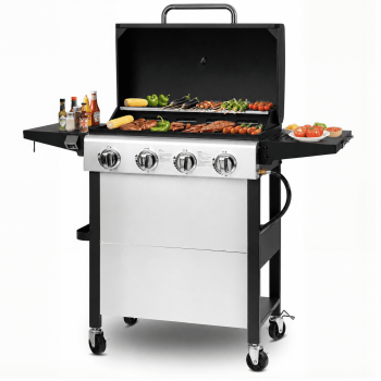 Enyopro Gas Grill, 4-Burner Propane Gas Grill, 40,00BTU Stainless Steel BBQ Grill With Foldable Side Table, Hanging Basket, for Outdoor Camping Barbecue