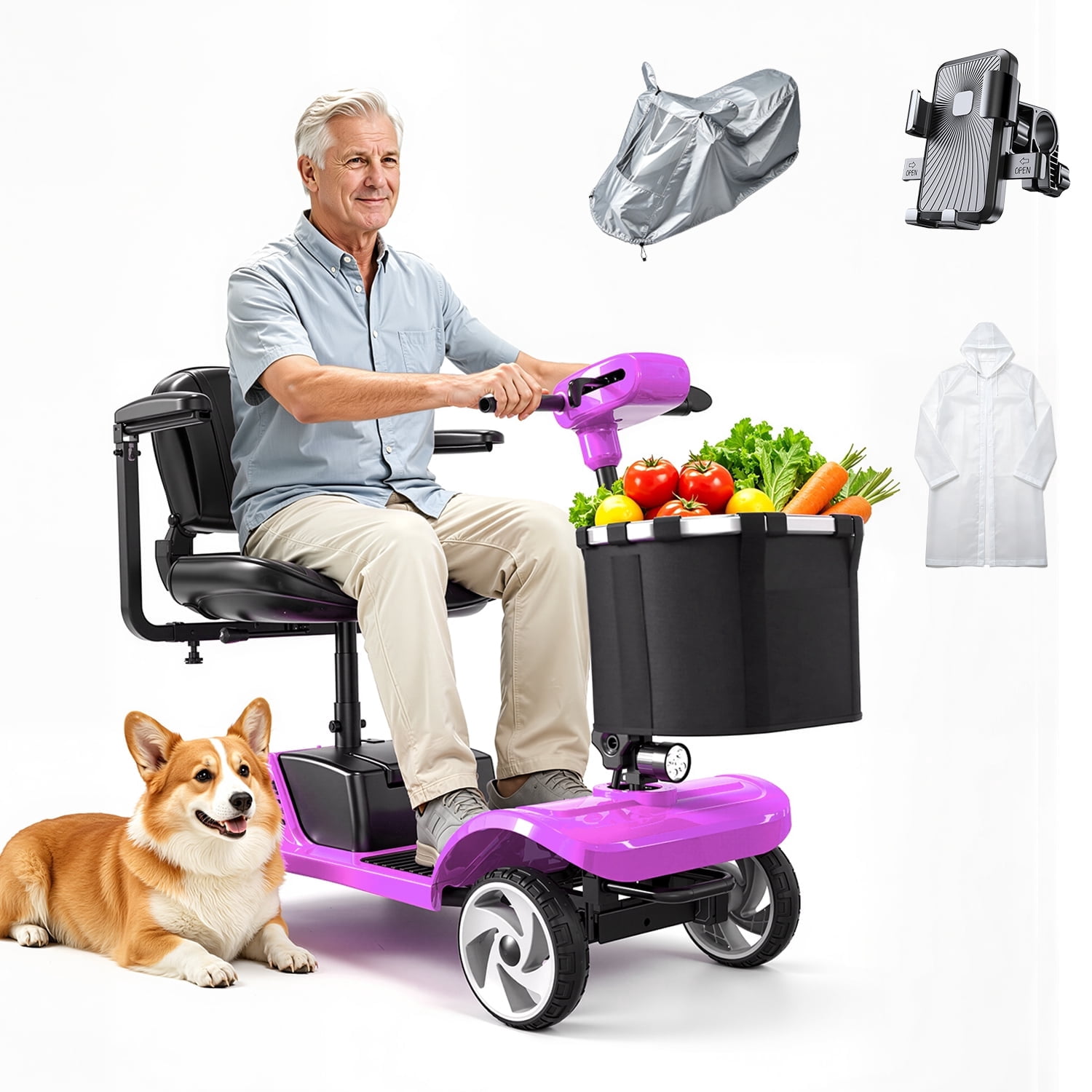 350W 4-Wheel Mobility Scooter for Seniors, 16 Miles 6.3Mph, 30% More Comfort Footrest, 300LBS Capacity, Foldable 24V12.5Ah Swivel Seat LED Light Anti-Tip