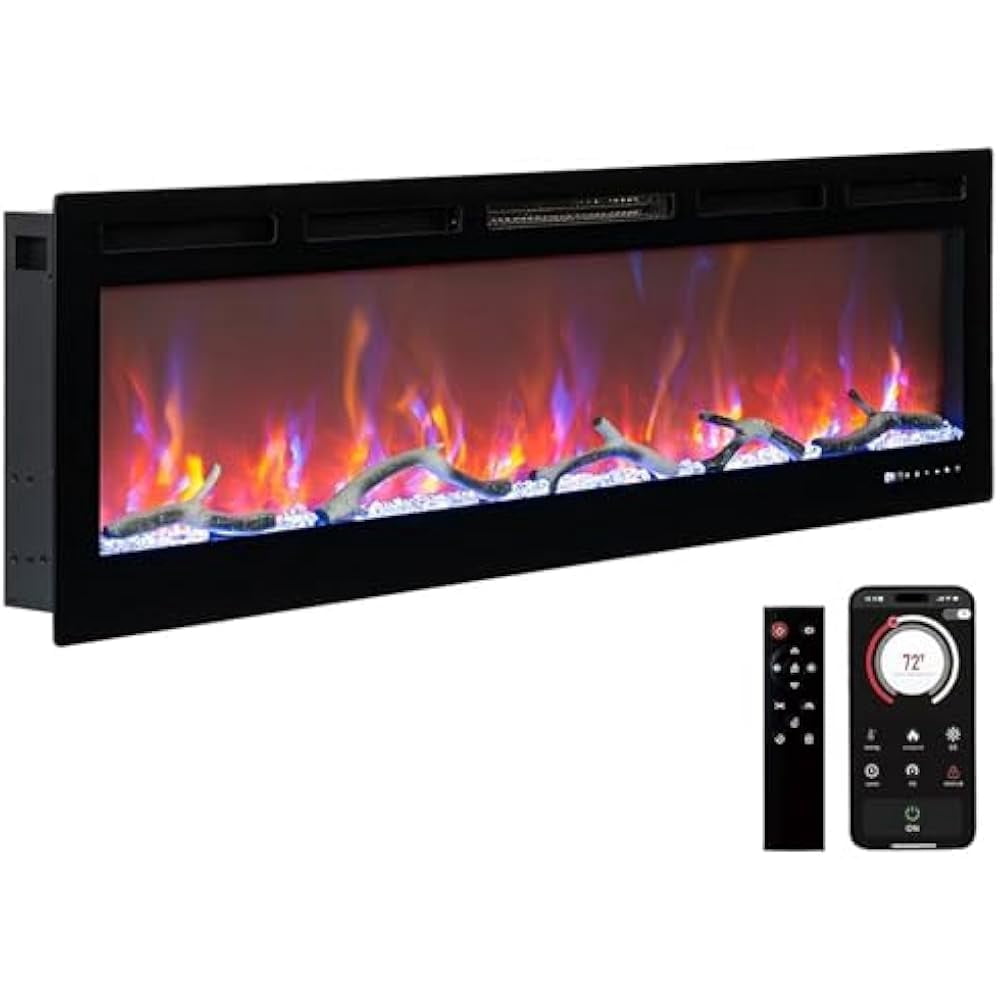 80 inch Smart Electric Fireplace Heater - Recessed/Wall-Mounted, WiFi & Touch Screen Control, 12-Color Adjustable Flames, 750W/1500W Dual Heating with Timer, Log & Crystal Decor