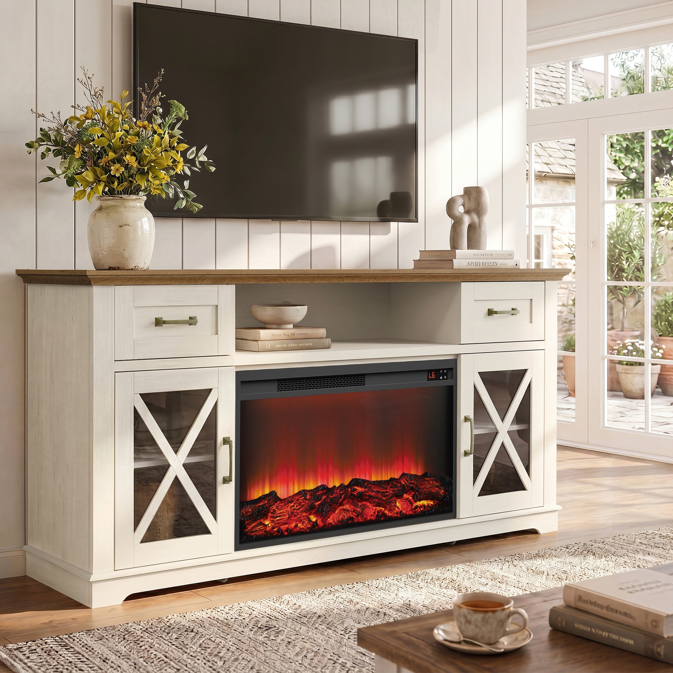 LEGAHOME White 63" Fireplace TV Stand with 30" Fireplace for 70" TVs, Farmhouse Electric Entertainment Center with 2 Drawers, 2 Cabinets, Adjustable Shelves, for Living Room Bedroom
