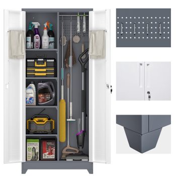 Metal Storage Cabinet with Lock,72" Garage Storage Cabinets with Hanging Rod & S-Hooks,Large Storage Cabinet with Shelves,Locking Tool Utility Closet for Home,Garage,Utility Room,Grey