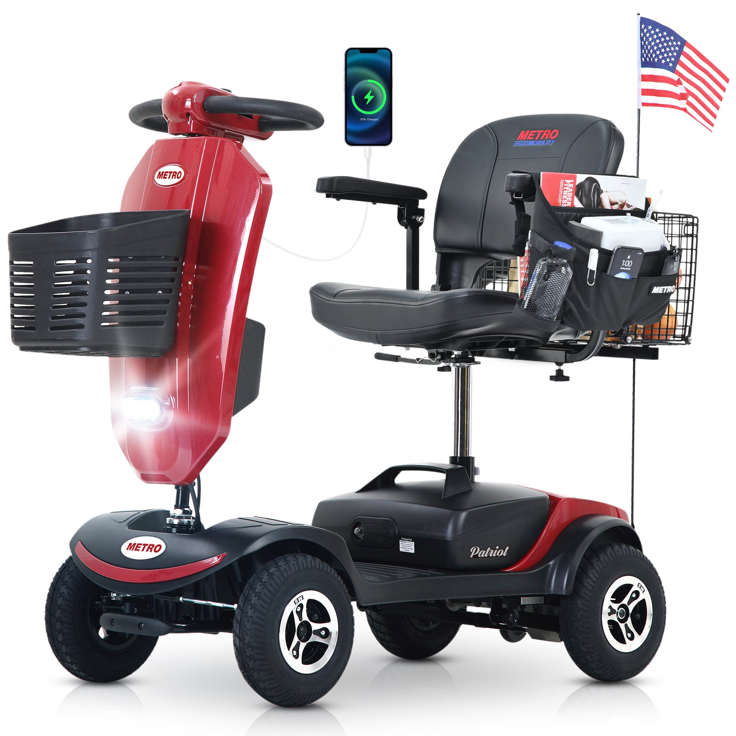 Outdoor Compact Mobility Scooter with Windshield, Extended Battery, USB Charger, Cup Holders & Storage Basket,300W