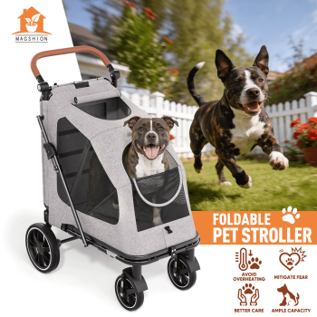 Magshion Heavy-Duty Dog Stroller for Large Dogs Up to 100 lbs with Ramp, Adjustable Handle & Dual Entry, Gray
