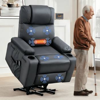 Power Lift Recliner Chair for Elderly with Heat & Massage, 160° Electric Adjustable PU Leather Recliner Sofa with Remote Control, Stand Assist, Cup Holder & Side Pockets for Living Room ()
