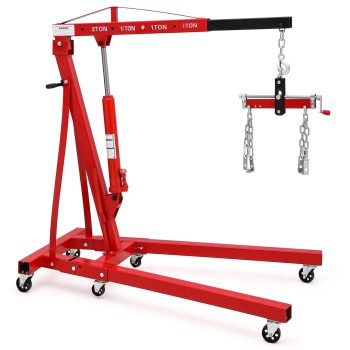 Riedhoff Folding Engine Hoist, Cherry Picker with Lever & 6 Casters, 2 Ton Max, Red
