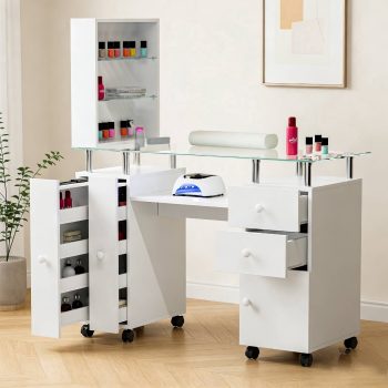 TTGIEET Manicure Table with Glass Top, Acetone Resistant Nail Station, Wrist Cushion & Lockable Wheels