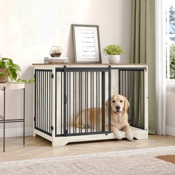 Hzuaneri Dog Crate Furniture with Barn Door, 43.3" Wood Heavy Duty Dog Crate Kennel for Medium/Large Dogs, End Side Table, Farmhouse Style