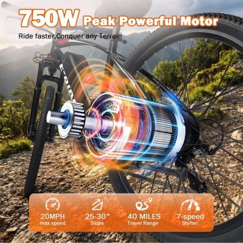 XKJ Electric Bike for Adults with 750W Brushless Motor,20MPH,Commuting Electric Mountain Bike with 720Wh Removable Battery,7-Speed, 26" Tires, Full Suspension,Lightweight Ebike,40 Miles,UL2849
