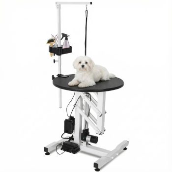 24" Electric Hydraulic Lift Dog Grooming Table - Rotating Top, Foot Pedal/Remote Height Control, Overhead Grooming Arm & Tool Organizer, Non-Slip Waterproof Surface, 250 lb Capacity