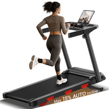 UMAY Folding Treadmill with 15% Auto Incline, 3.0 HP Quiet Motor, 0.6-7.5 MPH, LED Display, 350 lbs Capacity for Home