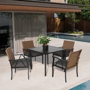 Leumius 5 Pieces Outdoor Patio Dining Set,Wicker Patio Table and Chairs Set of 4,Outdoor Rattan Dining Table Set for Patio, Backyard, Balcony, Garden,Brown+Gray