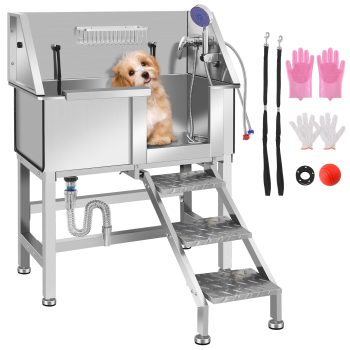 RIGMEC 34 Inch Stainless Steel Dog Bathing Station, Professional Dog Grooming Tub with Three Anti-Slip Steps and Removable Door, Dog Pet Wash Bath Station Right Door