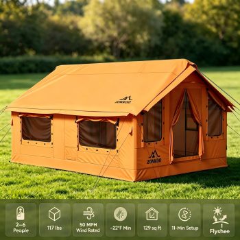 Inflatable Tent with Pump and Skylight 129 SqFt Large Camping Blow up Tent Quick Setup Glamping Air Tent 4 Season Waterproof Tent with AC Port & Stove Jack Opening, for 2-6 Person Family Weekend Trip