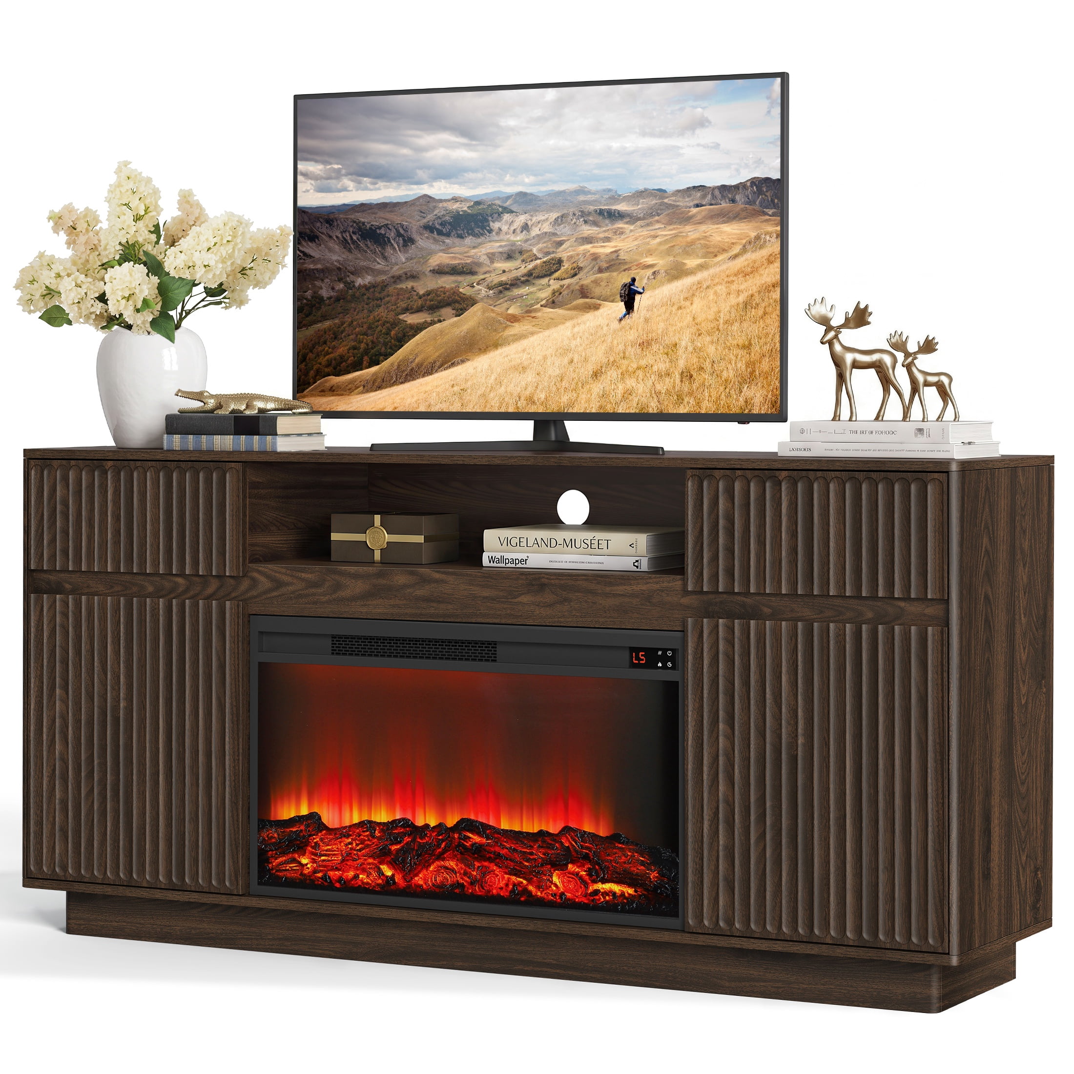 PAPROOS 64" Modern Fluted Fireplace TV Stand for TVs up to 70", 30" Electric Fireplace Entertainment Center with Storage Drawers