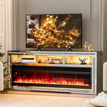 ARICOEASY Crushed Diamond 85 inch Mirrored TV Stand with Fireplace for Living Room