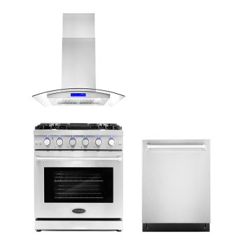 Cosmo 3 Piece Kitchen Appliance Packages with 30" Freestanding Gas Range Kitchen Stove 30" Island Range Hood & 24" Built-in Fully Integrated Dishwasher Kitchen Appliance Bundles