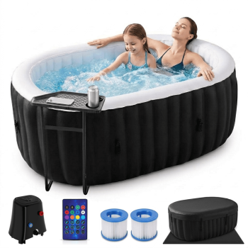 FICISOG Inflatable Hot Tub with LED Lights for 2 Person, Portable Hot Tubs with Heating Pump, Outdoor Blow up Hot Tubs, 150 Gallons and 100 Jacuzzi Jets, Perfect for Mom & Daughter, Dad & Son