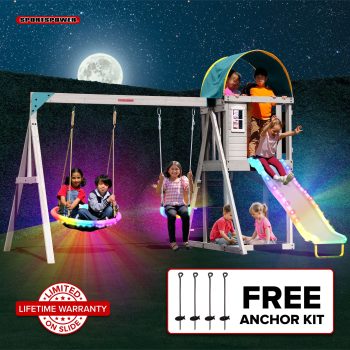 Sportspower Amelia Galaxy Wooden Swing Set with LED light-up Swings & Slide, Clubhouse Play Fort, Sandbox, Heavy-Duty Double A-Frame, Backyard Outdoor Playset for up to 8 Kids, FREE Anchor Kit