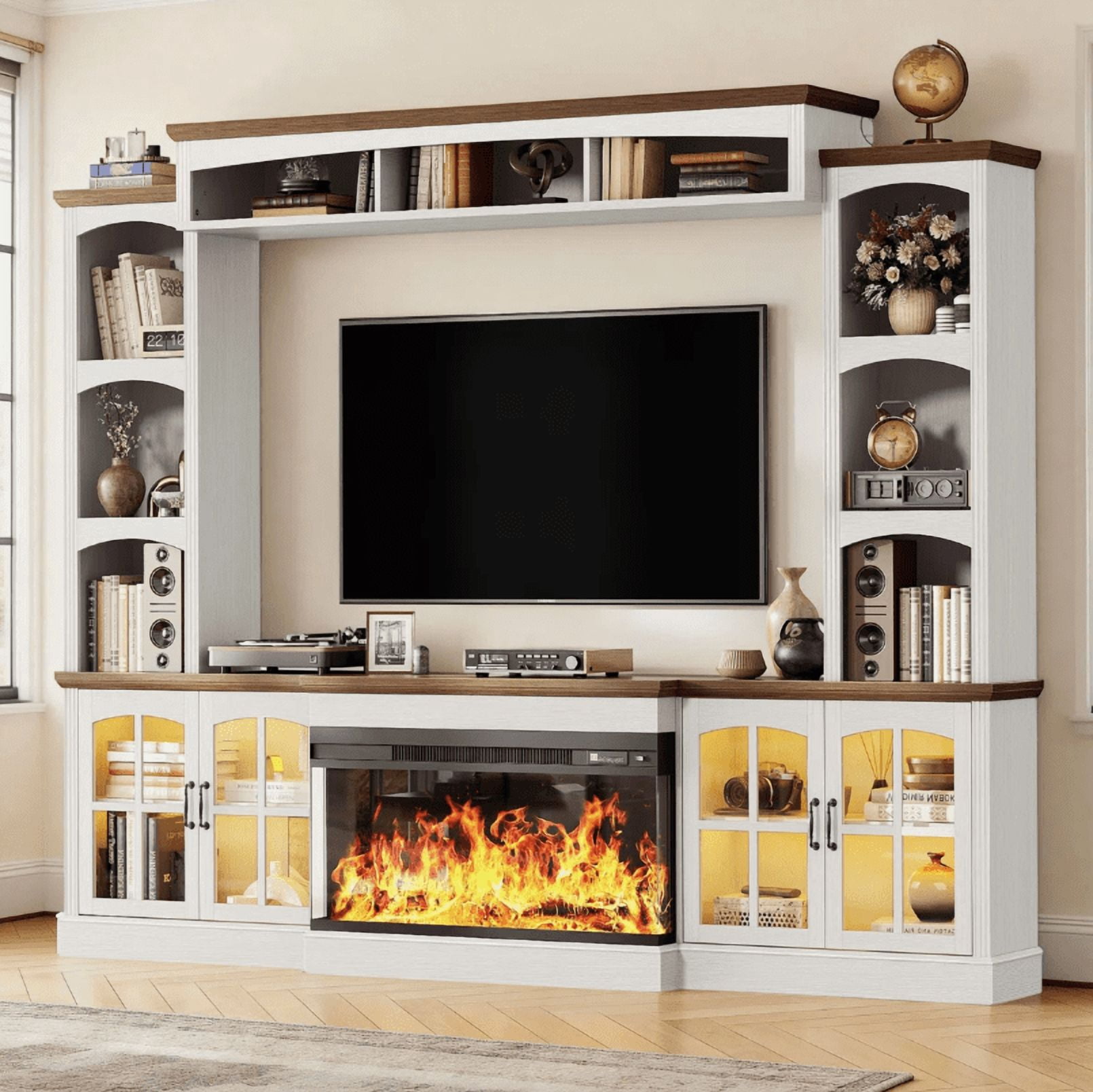 Easoger 98" Wall Unit Entertainment Center with 3-Sided Electric Fireplace, Farmhouse TV Stand for TVs Up to 75", Large Storage with Glass Doors & Shelves