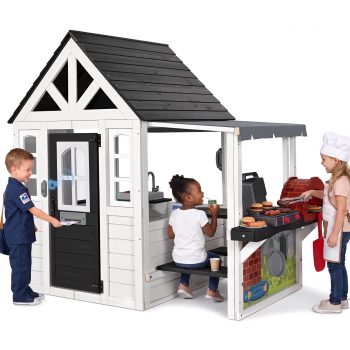 Aikidkit Outdoor Playhouse with BBQ Grill, Pizza Oven & Cooking Set, Wooden Pretend Playhouse for Kids Ages 3-8, Backyard Outdoor Kids Play Equipment, Casa Para Nias (68L x 63H), White & Black