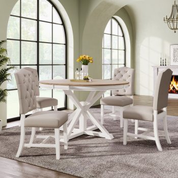 Harper & Bright Designs Extendable Round Dining Table Set for 4, Upholstered Chairs Functional Retro Table for Dining Room Kitchen, Oak Natural Wood + OFF White