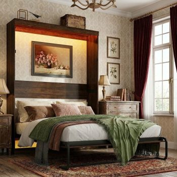 ANPOO Size Murphy Bed with 2 LED Lights, Farmhouse Wood Hidden Foldable Wall Bed Frame with Gas Struts, Storage Bed Cabinet for Bedroom, Office, Space-Saving, No Box Spring Needed