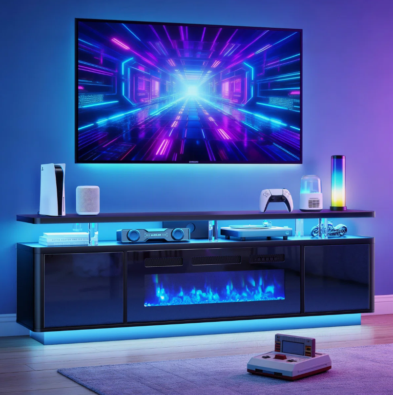 Easoger 70" 2-Tier TV Stand with 36" Electric Fireplace, Modern Entertainment Center with LED Lights & Acrylic Legs, Media Console for TVs up to 80" for Living Room