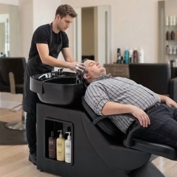 Shampoo Bowl and Chair Set for Salon, Hair Washing Station with ABS Sink & PU Leather Chair, Ergonomic Neck Rest, Side Storage, Hot/Cold Faucet & Sprayer, for Spa, Barbershop, Beauty, Black
