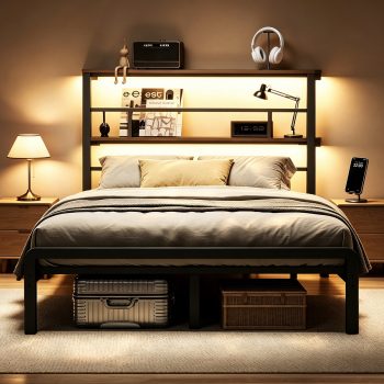 Patbrela Size Bed Frame with 49.2-Inch LED High Headboard and 2-Tier Storage, Metal Platform Bed, Black