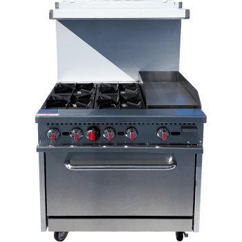 36 Commercial Gas Range with 4 Burners, 12 Griddle & Standard Oven 170,000 BTU, Stainless Steel, NSF Certified