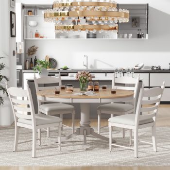 Harper & Bright Designs Farmhouse Kitchen Dining Table Set for 4, Wood Extendable Round Dining Table Set and 4 Upholstered Chairs, Retro Functional Dining Set for Kitchen, Off White
