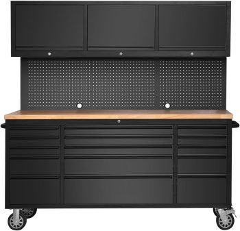 72-inch Rolling Tool Chest Cabinet Garage Workbench with 15 Storage Drawers and Wheels, 3 Upper Cabinet, Pegboard, Steel Large Tool Box for Garage Workshop, Matte Black
