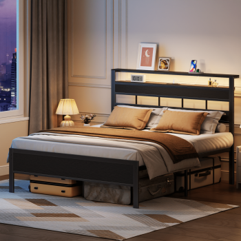 Satifur Size Bed Frame with Storage Headboard and LED Light, Platform Bed with Metal Slats, Noise Free Design