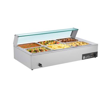 Commercial Food Warmer 1500W Stainless Steel Steam with Glass Cover 6 x 1/2 Size Pans Buffet Bain Marie Ladles