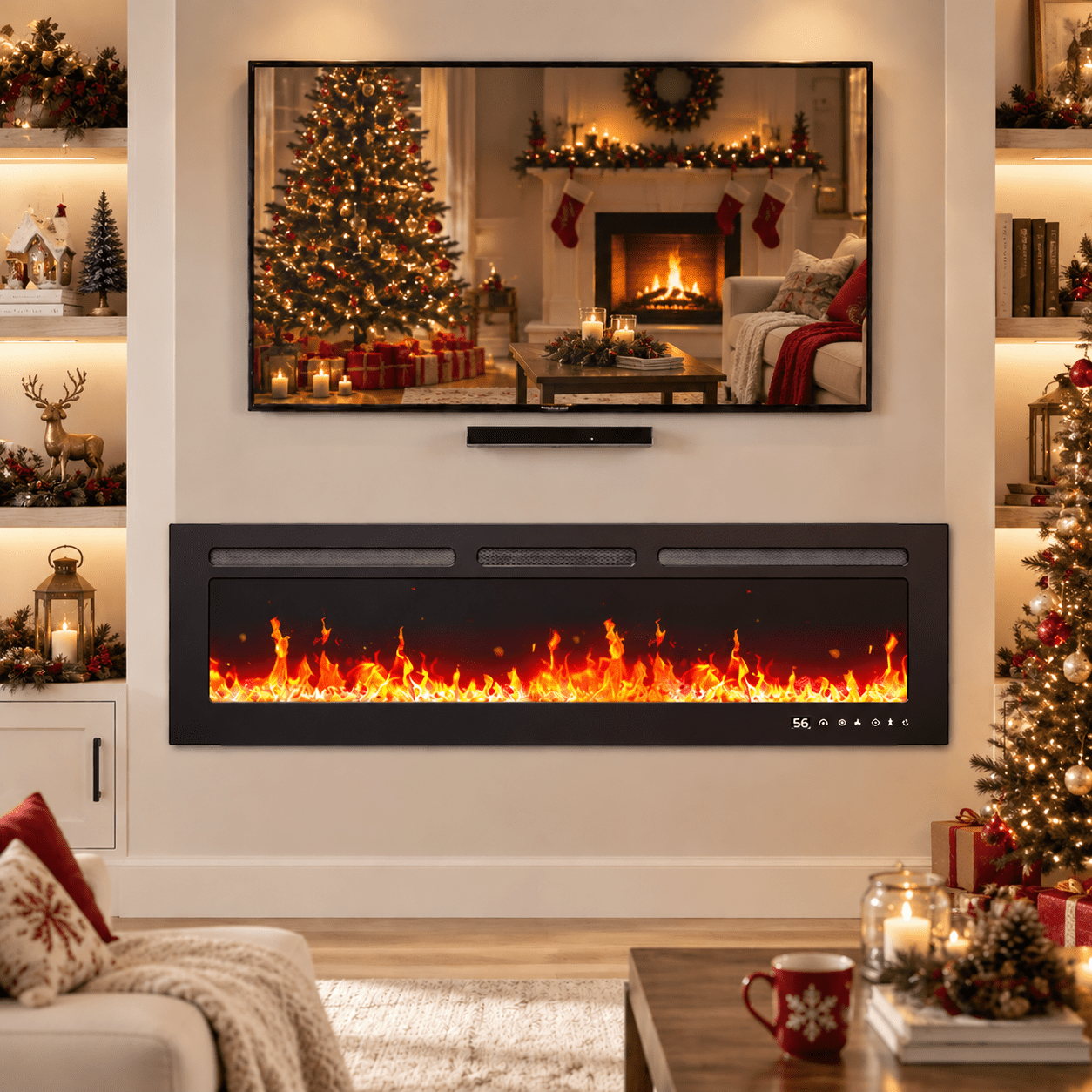 Philergo 60" Electric Fireplace, 1400W Wall Mount, Recessed Fireplace Insert Heater wiht Remote Control, 20 Adjustable Flame Color, Timer and Touch Screen