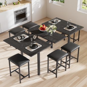 VECELO 7-Piece Dining Table Set with 6 Stools, 63 inch Extendable Kitchen Table Set with Power Outlet, Modern Dining Room Set with Heavy-Duty Frame, Easy Assembly, Black