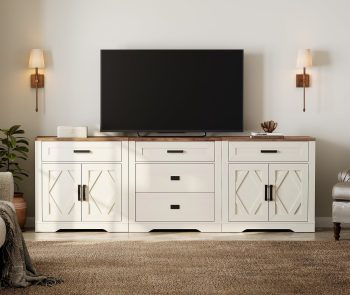 WAMPAT 94.5"W Large TV Stand,3-in-1 Farmhouse Entertainment Center with Storage Barn Door Cabinet,TV Console Table With Media Cabinet and Drawers for Living Room,Bedroom