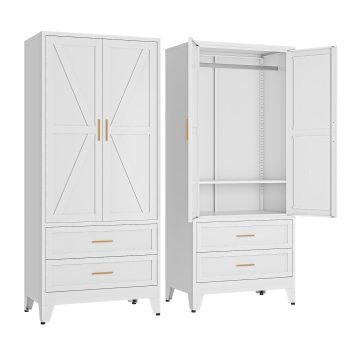 Large Bedroom Armoires With Shelves and Hanging Rod,Wardrobe Storage Cabinet,Metal Clothing Storage Cabinet with 2 Doors