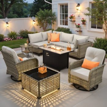 Ovios Outdoor Patio Furniture with Fire Pit Table, 9 Pieces Wicker Sectional Conversation Set with 2 Swivel Rocking Chairs & Solar Coffee Table, Grey